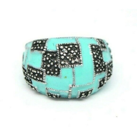 Blue Enamel Black Silver Puzzle Modernist Dome - Picture 1 of 4